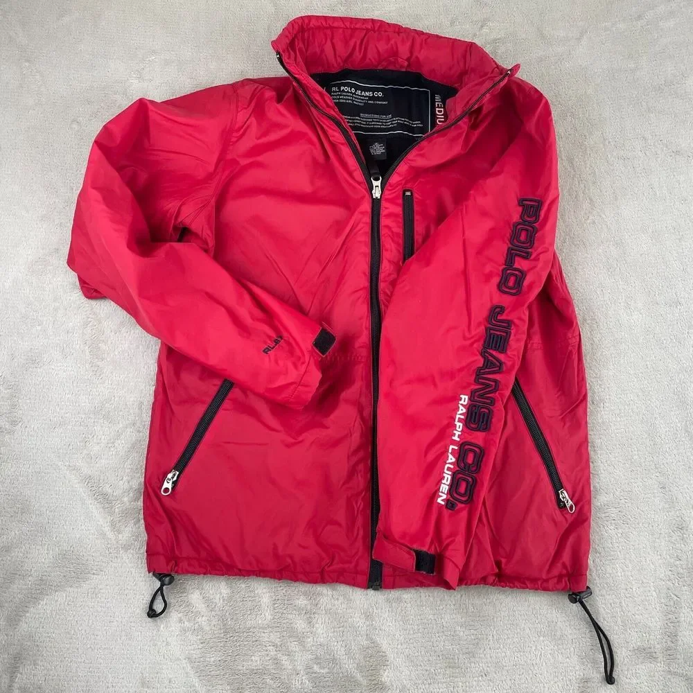Vintage RL Polo Jeans Jacket Windbreaker Men Medium Red Embroidered Sleeve Logo‎